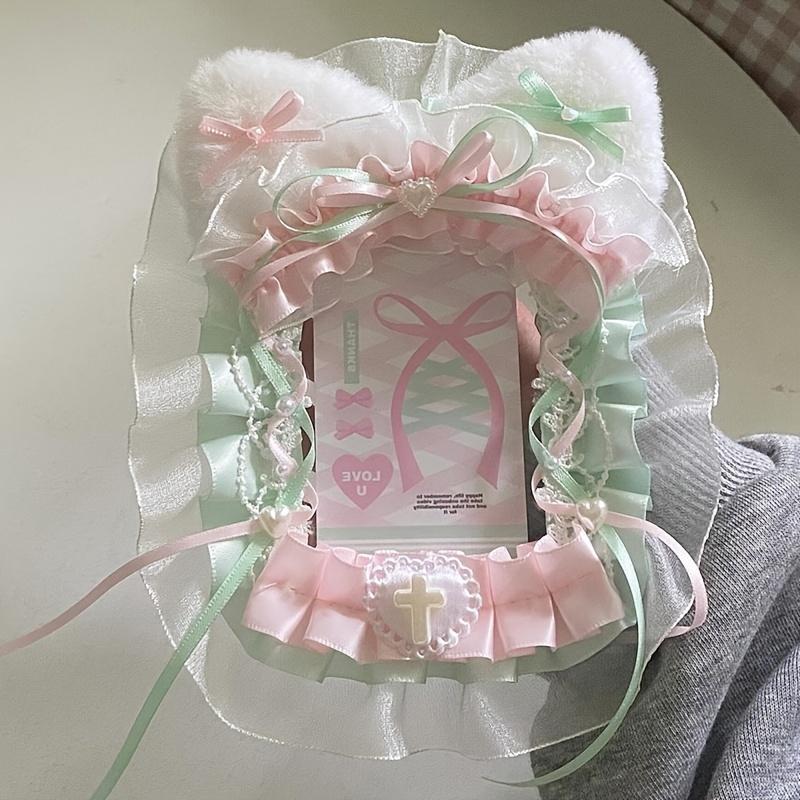 Photo Display Decor Handcrafted Plush Cat Ears & Pink Bow Lace Photo Card Holder - Charming Bag Pendant with Heart & Cross Accents Cat Lover Gifts