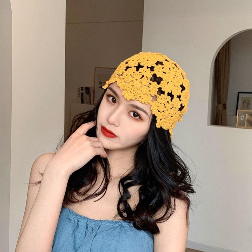 Ethnic Style Crochet Bucket Hat Basin Hat Beanies Hollow Flower Knitted Hat  Apparel Accessories