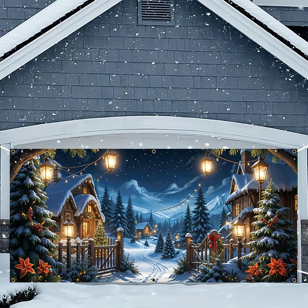 Christmas Garage Banner, Polyester Durable, Christmas Tree, Wooden House, String Light Pattern, Winter Celebration Party