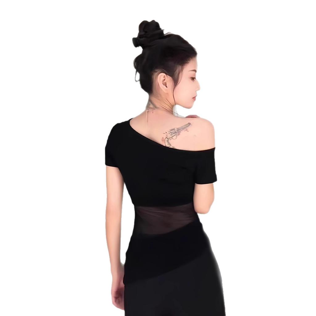Fashion personality slanted shoulder gauze design irregular hem short-sleeved T-shirt women's pure desire sexy slim slim top