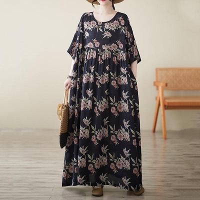 Krátkorukávové Plus size vintage kvetinové nové v šatách pre ženy ležérne voľné maxi dlhé letné šaty