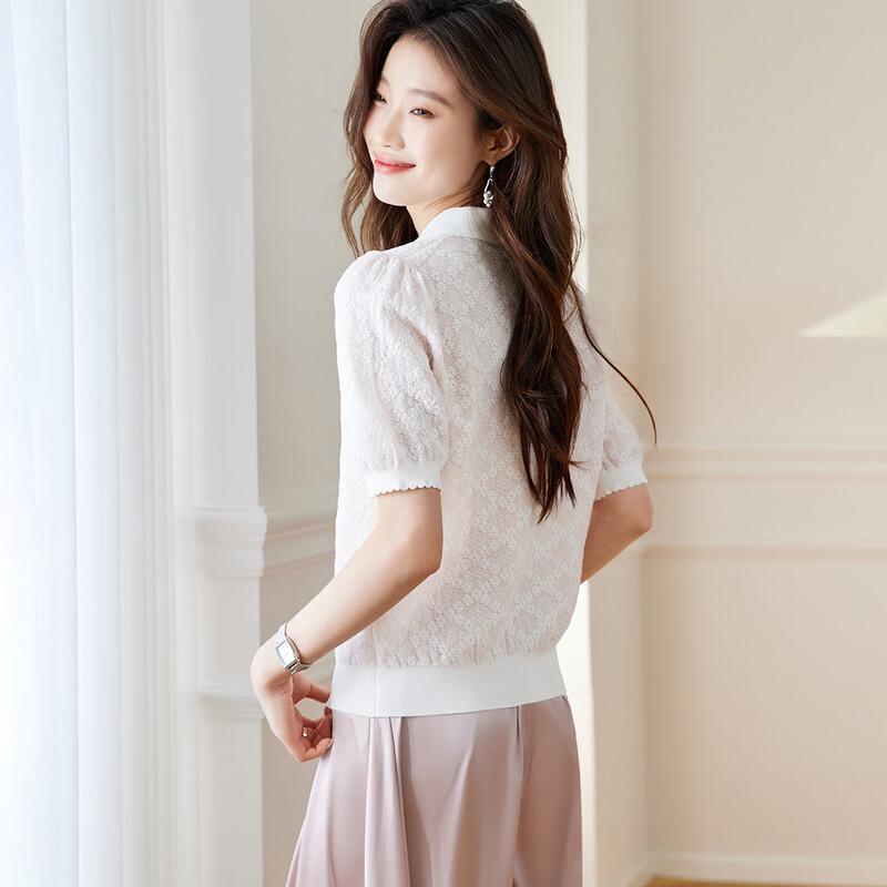 Srcr Women's Jacquard Polo Knit Top with Mulberry Silk