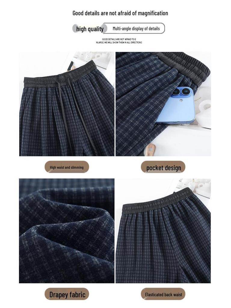 Women's Autumn 2025 Blue Plaid High-Waist Wide-Leg Pants with Drawstring - Retro, Slimming, Casual Style