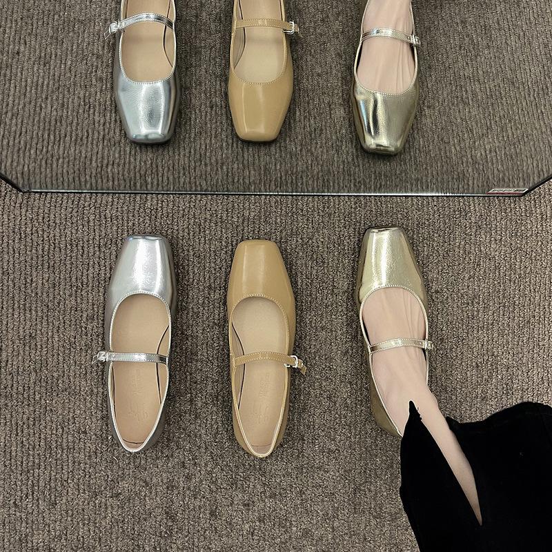 Square Head Single Shoes Women's Spring 2025 New Fashion Versatile Silver Retro Internet Celebrity Shallow Mouth Flat Mary Jane Shoes