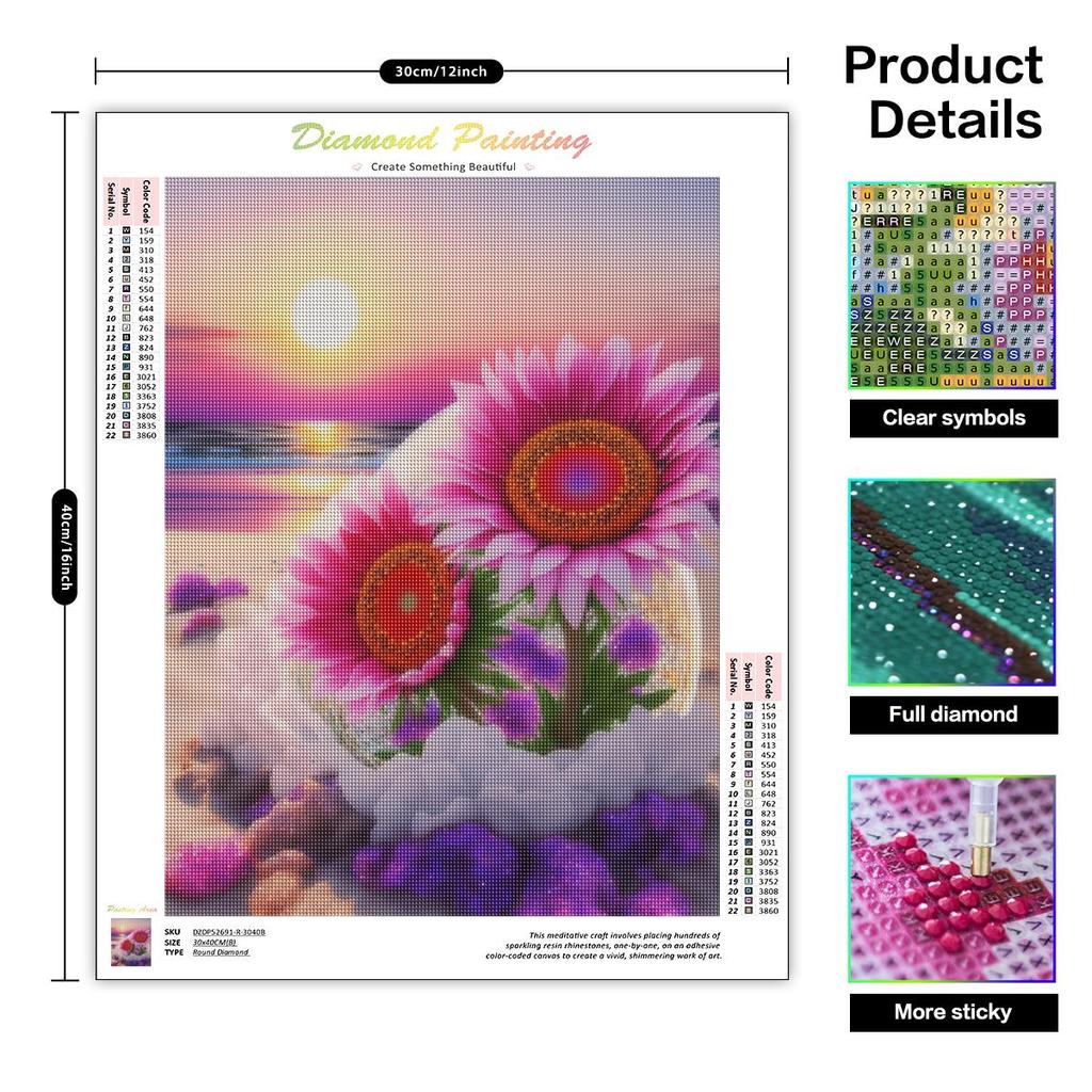 Diamond Painting For Adults Kits Flower Cross Stitch Embroidery Full Round Mosaic Pictures Of Rhinestones For Diy Gift 30x40cm/12x16inch