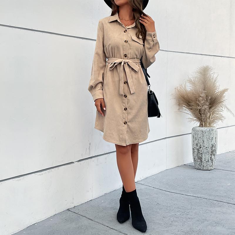 Autumn Winter Women Single Breasted Lace Up Turn Down Collar Solid Color Long Sleeve Shirt Corduroy Dress