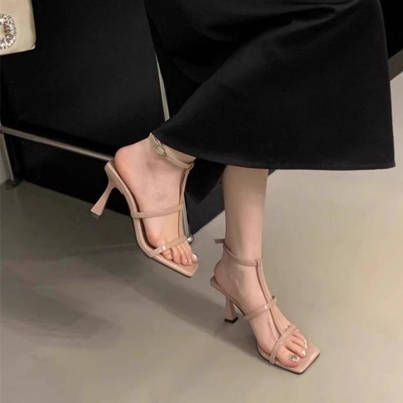 

High heels women s spring new square head thin heel one-word thin belt cool slippers women s sandals 40