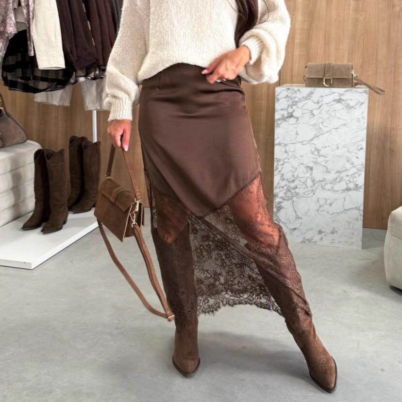 2025 European & American Style Lace Patchwork Midi Skirt – Sexy Solid Color Bodycon Skirt for Women