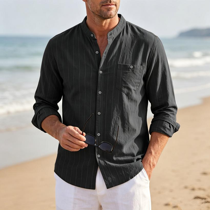 Men's Linen Stand-Up Collar Striped Shirt Spring and Autumn Casual Commuter Trend Slim-Fit Long Sleeve Shirt