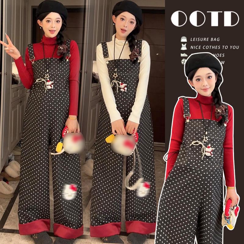 2026 Cartoon Knit Base Layer Plus Velvet Maternity Overalls Set 2XL