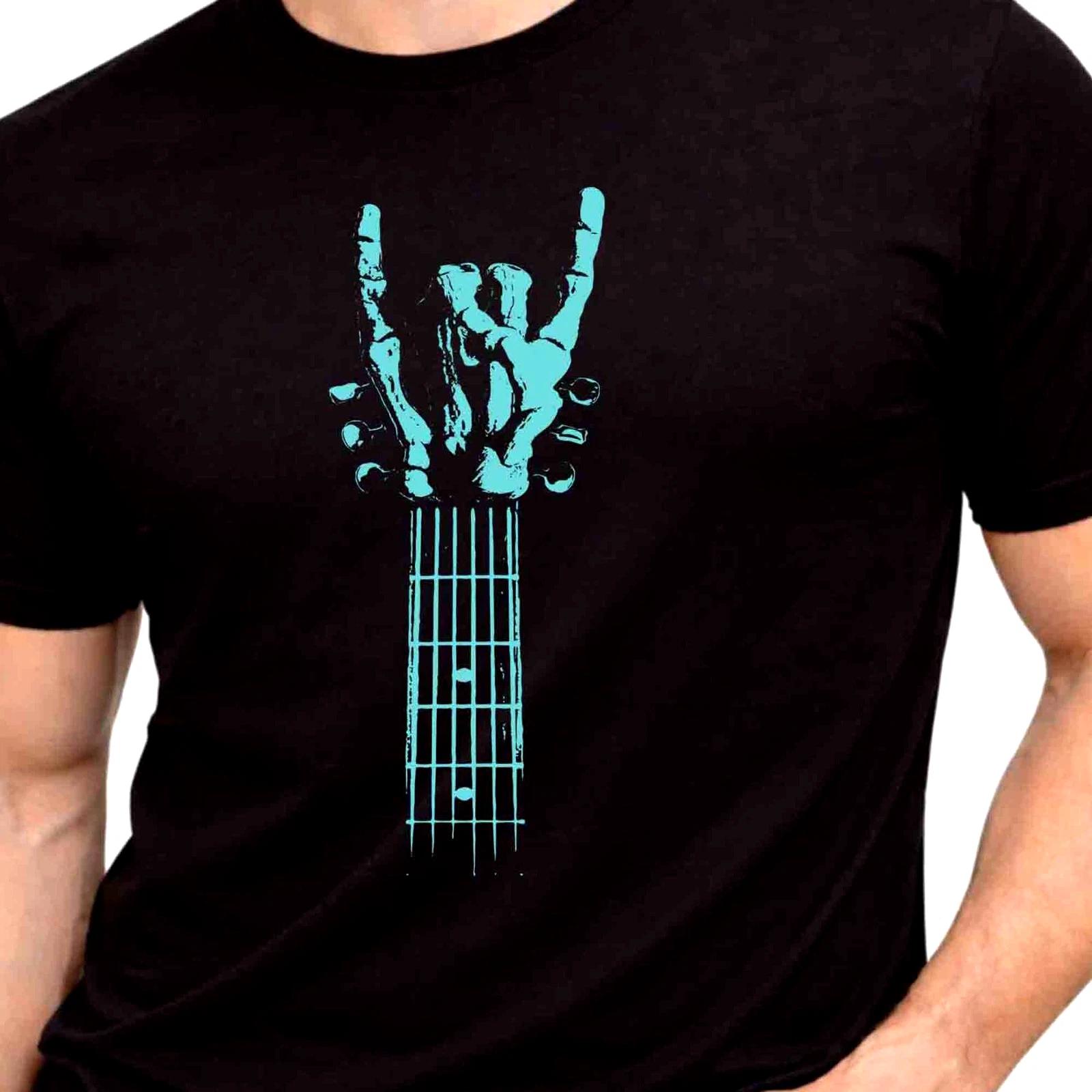 Rock Hand Guitar Neck T Shirt Skeleton Vintage Punk Rebel Biker Tattoo Gift Tee 4XL