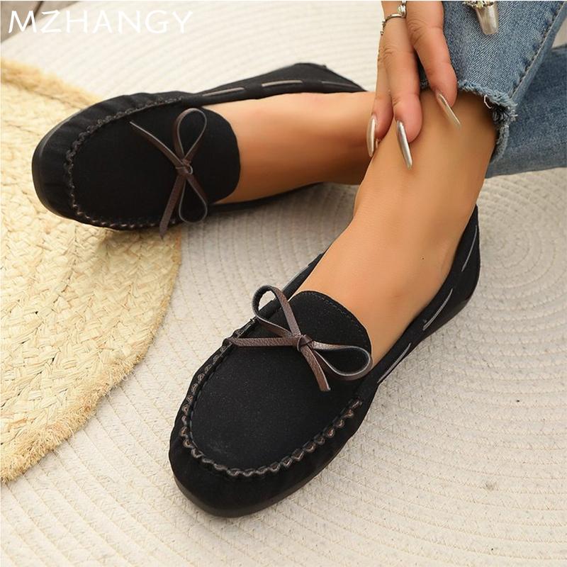 Модные женские замшевые туфли на плоской подошве с бантом — фото 3