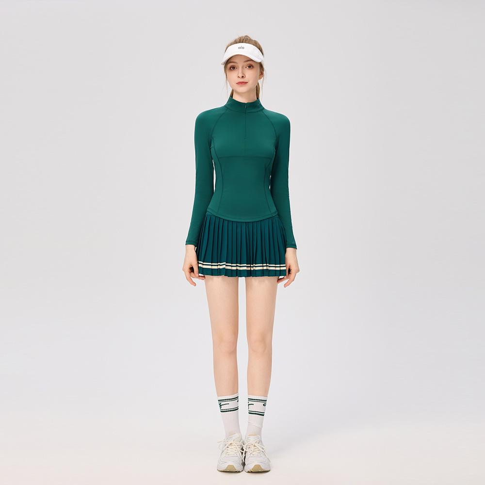 Women's Slim Fit College Style Tennis Set: Long Sleeve Top & Striped Pleated Skirt