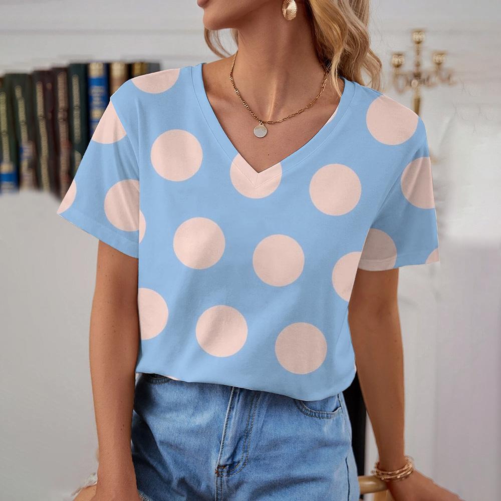 Modisches und einfaches, übergroßes, bequemes T-Shirt-Design für den Sommer, inspiriert vom geometrischen Muster, bedrucktes Damen-Oberteil mit V-Ausschnitt