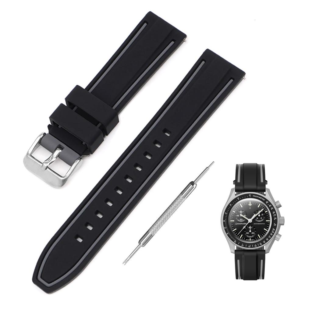 Jumpsunfun 20mm Pasek do Zegarka dla Swatch x OMEGA Speedmaster Silikonowy Pasek do Zegarka z Szybkozłączką Wymienny Czarny i Szary Paski MoonSwatch, Narzędzie,