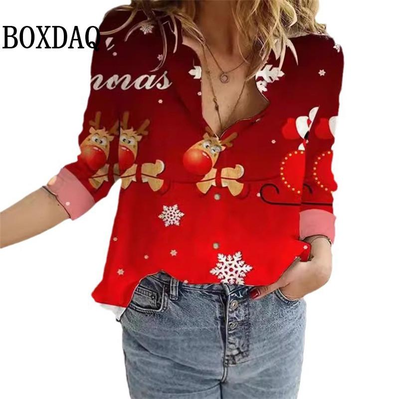 New Women's Blouses Christmas 3D Printed Shirts Autumn Winter Fashion Long Sleeve Funny Cute Santa Claus Casual Button Tops