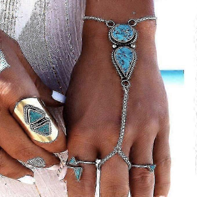 Donna Boho Retro Celebrità Turchese Catena Schiava Anello Bracciale Imbracatura Mano-Argento Antico hwy