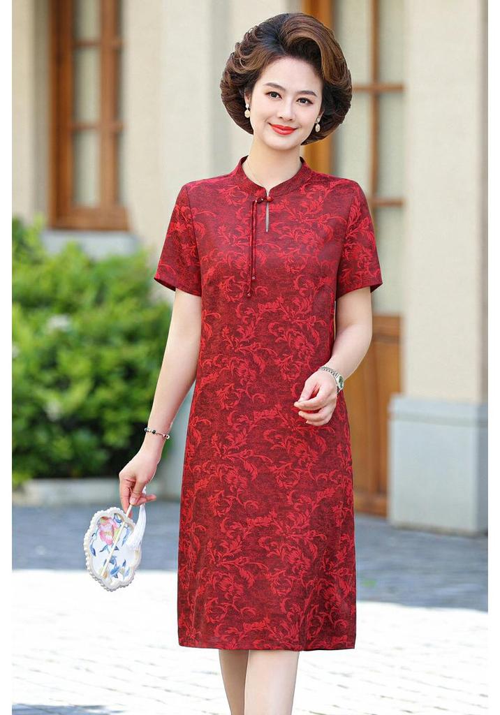 Summer Short-Sleeved Faux Silk Qipao Dress for Middle-Aged and Elderly Women