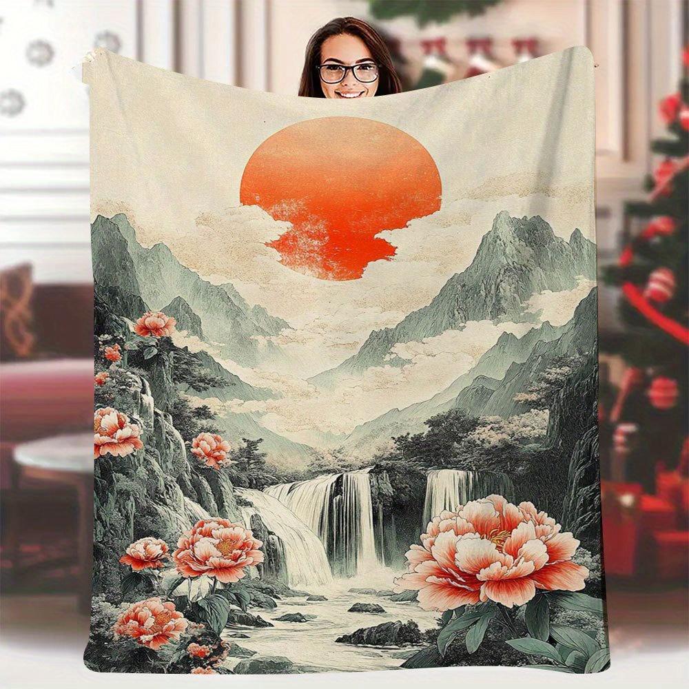 1Pc Vintage-Inspired Mountain & Sunset Printed Blanket, 60X80 Inch, Soft Cotton Fabric, Ideal For Family Travel And Camping