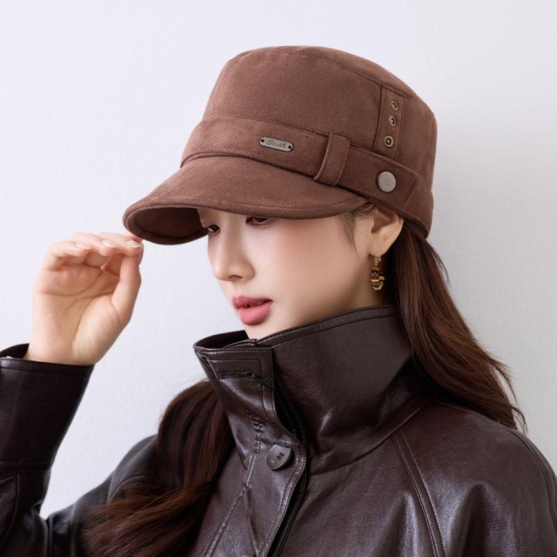 New Autumn and Winter Retro Suede Flat-top Military Hat for Women Showing a Small Face and Versatile Temperament Warm Cap