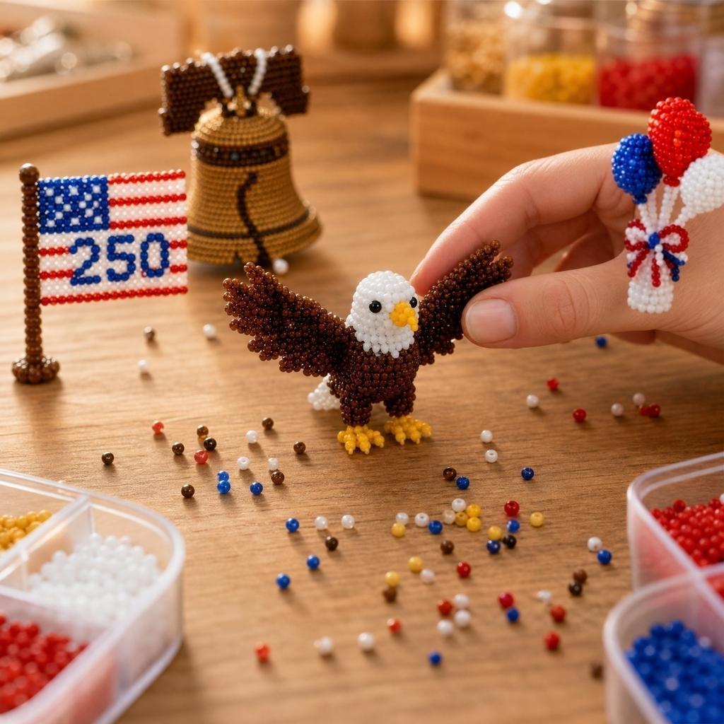 3D Beaded Animal Craft Kit DIY Bead Art Set Includes Eagle Flag Liberty Bell Balloon Designs for Creative Assembly and Display
