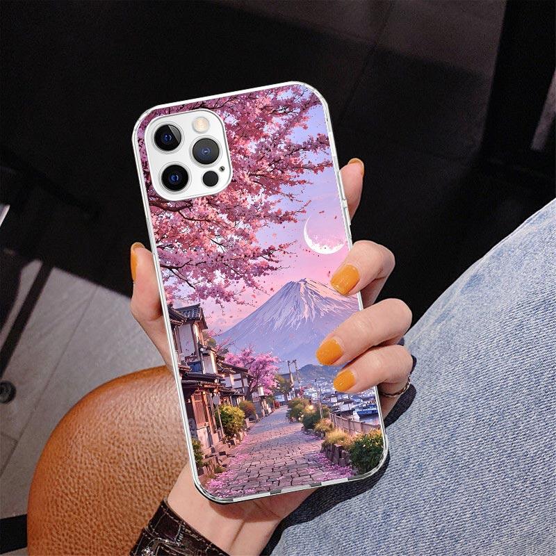 Japanese Cherry Mount Fuji Phone Case For iPhone 13 12 Mini 11 Pro Max XS XR X SE 7 8 Plus 5S 5 6S 6 Gift Print Cover Fundas
