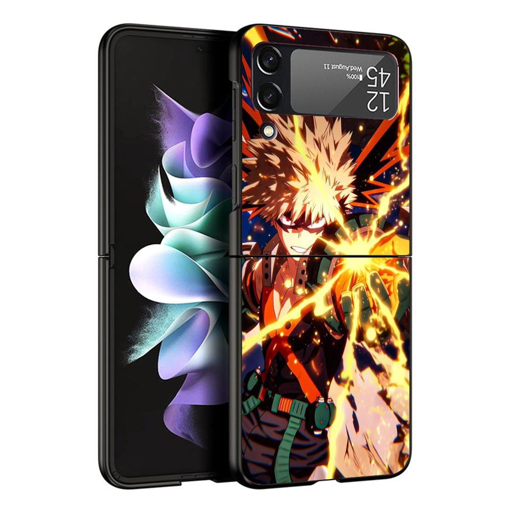 Bakugou Katsuki MHA My Hero Coque de téléphone noire Pour Samsung ZFlip7 ZFlip6 ZFlip5 ZFlip4 ZFlip3 5G Rigide Protectrice Galaxy Z Flip 3 4