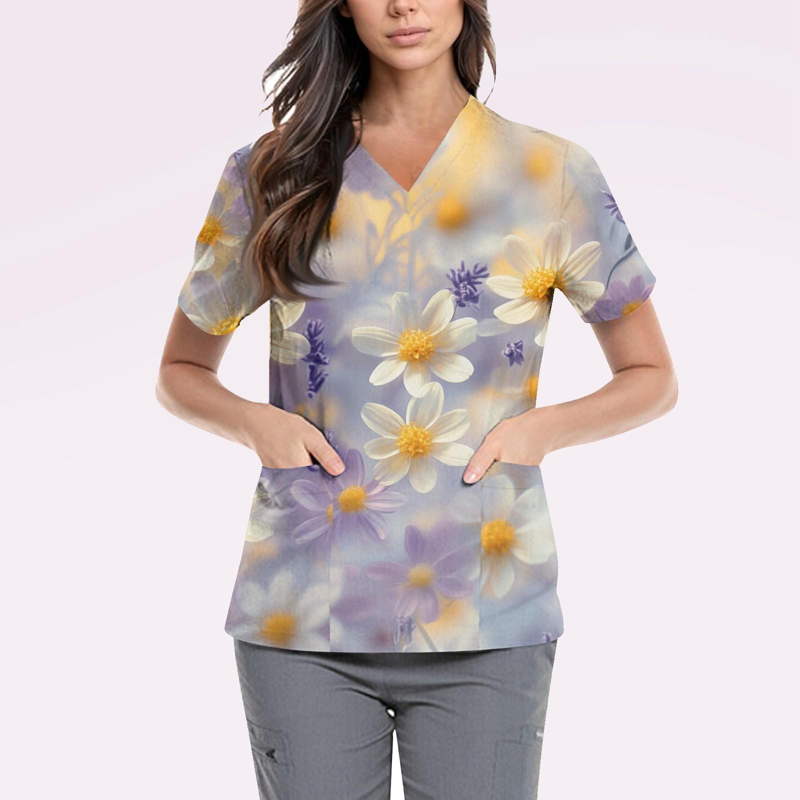 

Women s Cute Printed Work Clothes V-neck Double Layer Pockets Basic Short Sleeve Top Pullover XXXL фіолетовий