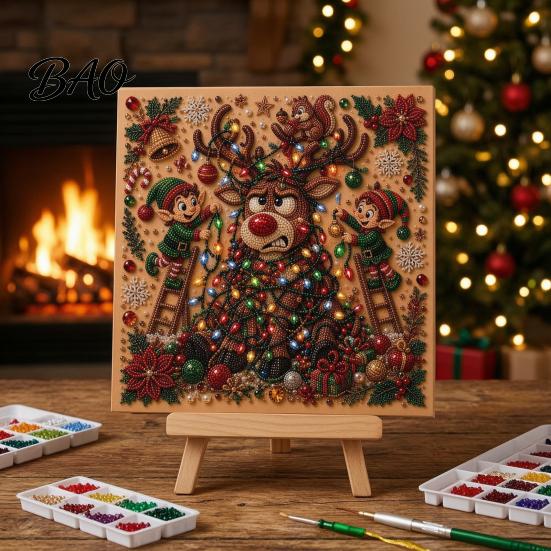 Winter Holiday Crafting Supplies Christmas Faux Pearl Art Kit, DIY Rhinestone Painting 8" X 8", Cartoon Sparkling Mosaic for Beginners Snowman Animal