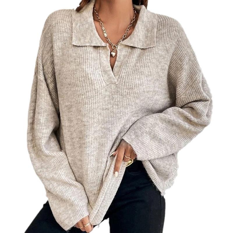 Europe, America Autumn and Winter Fashion Long-sleeved Lapel Pullover New Sweater Women's Knitted Sweater