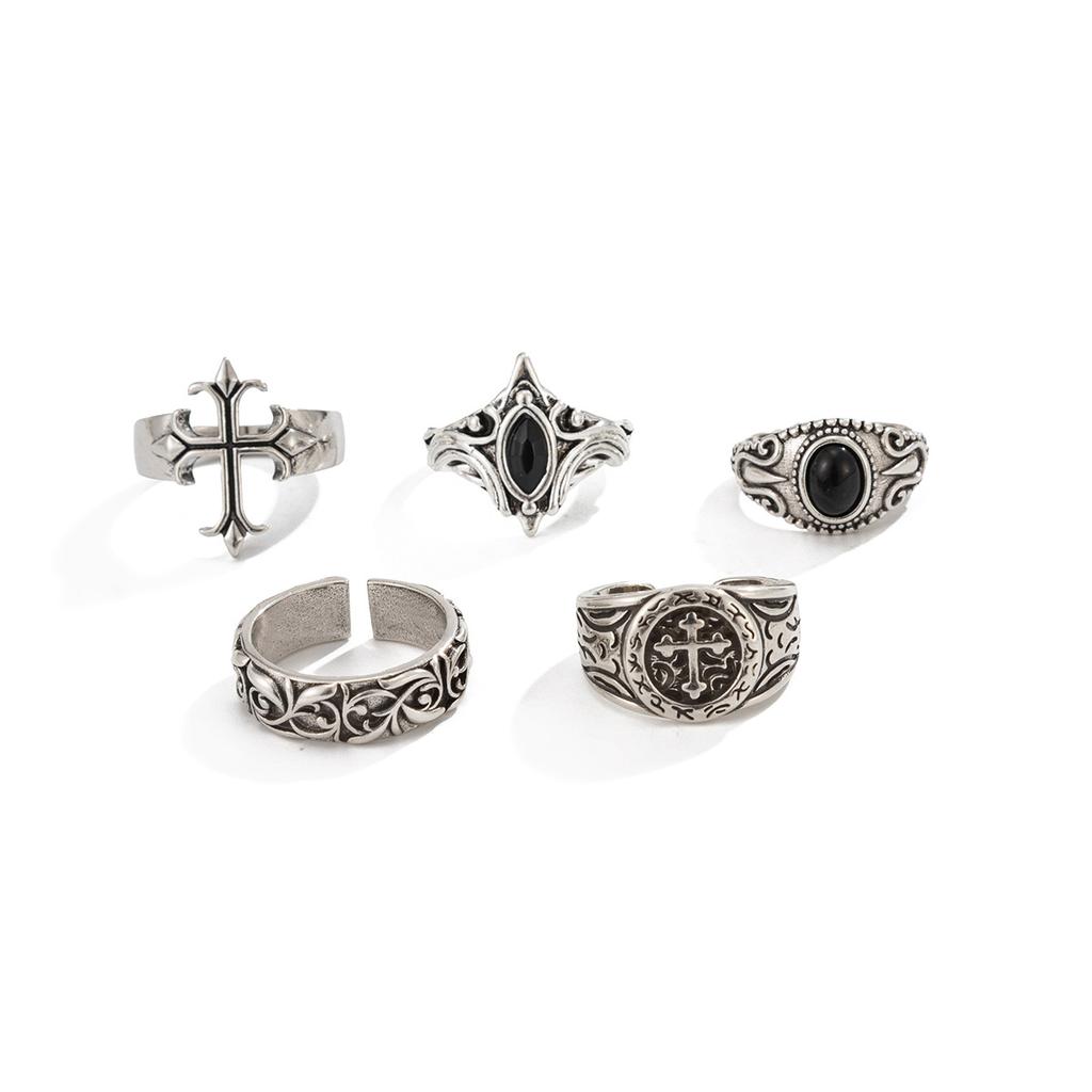 European and American Retro Hip-hop Exquisite Pattern Opening Adjustable Ring Five-piece Personalized Trend Ring