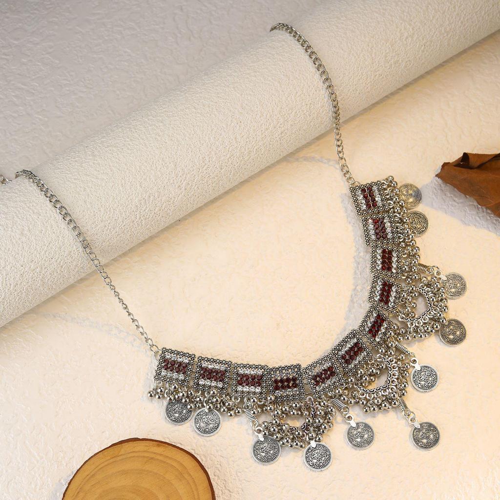Bohemian Exotic Rhinestone Tassel Necklace & Earrings Set In Antiqued Alloy