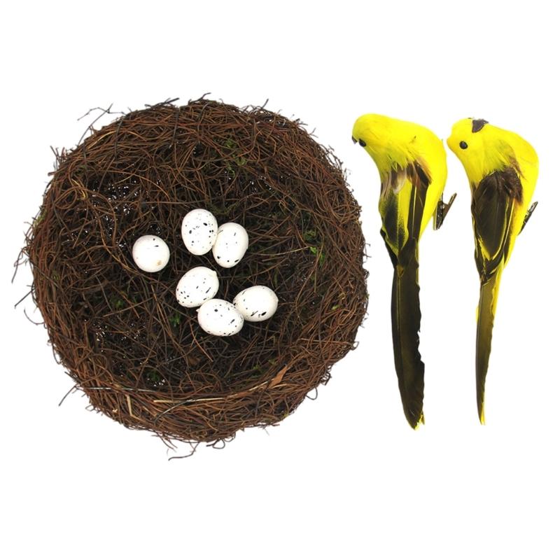 Realistic Artificial Woven Bird Nest Basket With Foam Chick Figure And Eggs Indoor Outdoor Easter Celebration Decoration