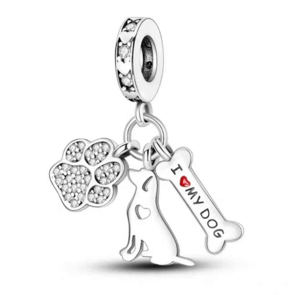 Original 925 Silver Cute Black Cat Charms Moon Dog Cat Paws Beads Pendants Rings Fit Bracelet Necklace DIY Jewelry Gift