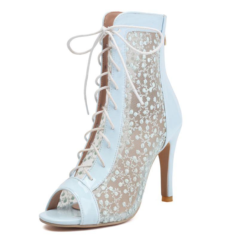 

2025 Sexy Women Sandals Peep Toe Thin Heels 10cm Zipper Lace Up Breathable Mesh Big Size 46 47 48 Fashion Dating Bota 34 синій