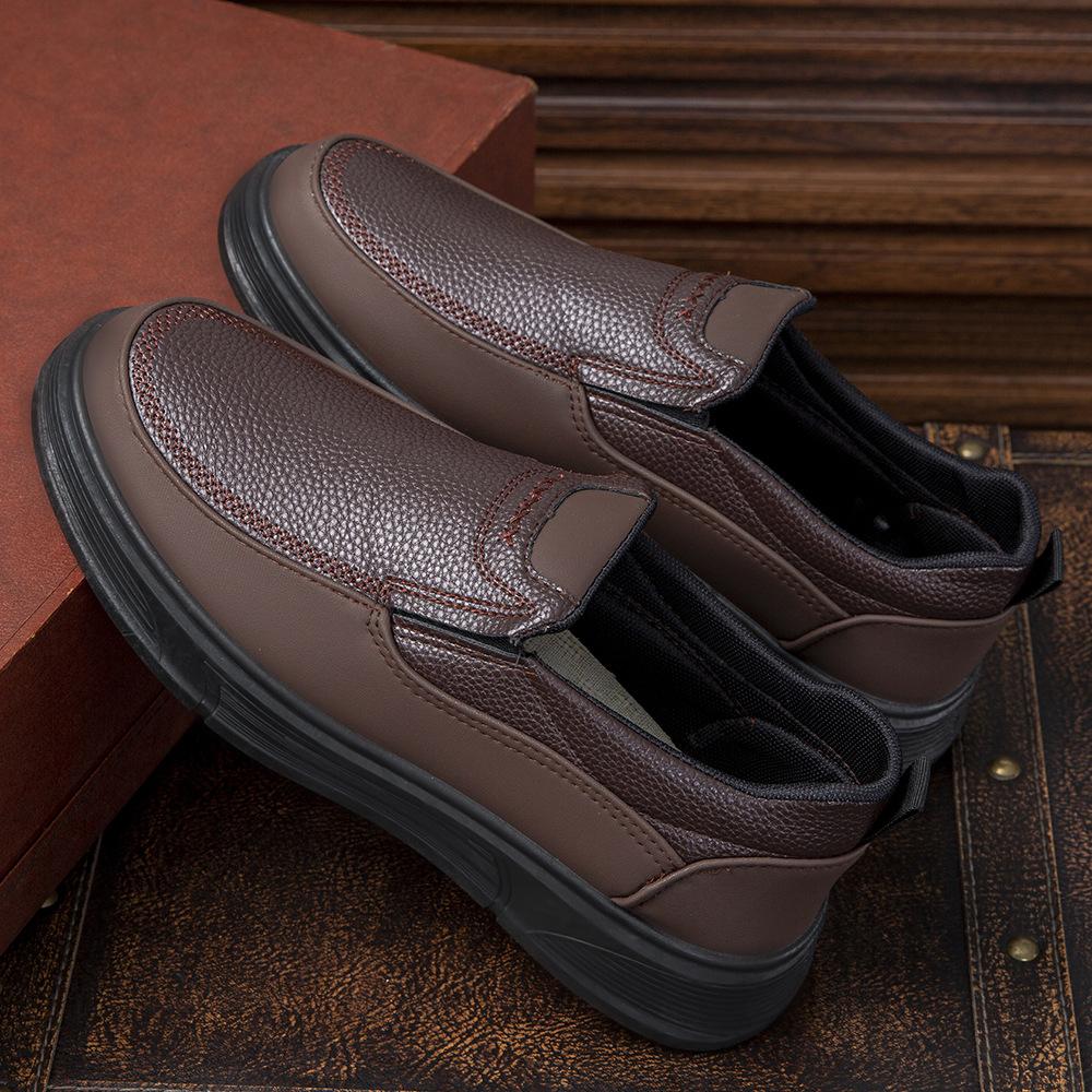 Kožené boty fleecem zateplené teplé volné otcovské boty měkká podrážka na jeden pedál fleece lehké volnočasové ve starším věku bavlněné boty