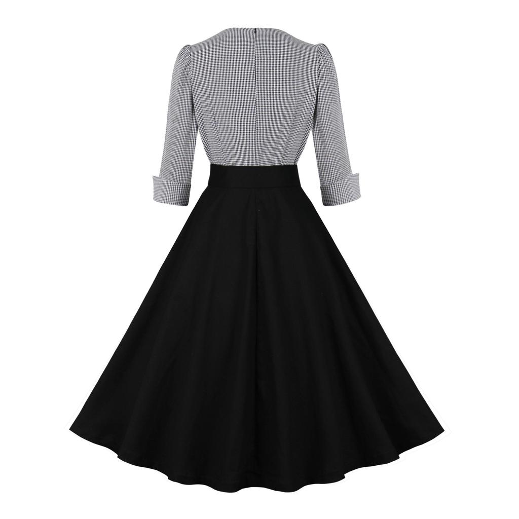 GMXIA Hepburn Style Sub Cut Black Waist Waist Seven-point Sleeve Vintage Elegant Swing Women's Dress Cotton