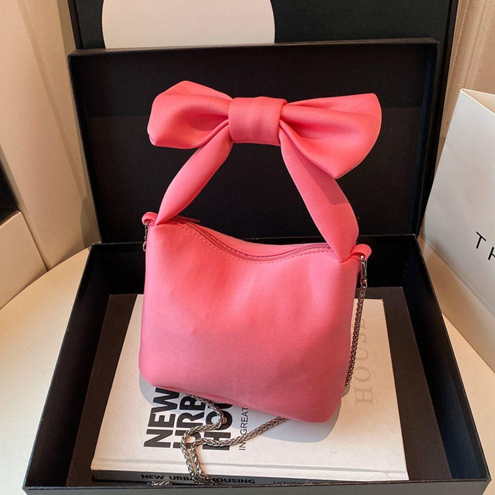 

Korean Style Women Bow Handbag Creative Sweet Shoulder Bag Solid Color Wristlet Bag Shopping рожевий