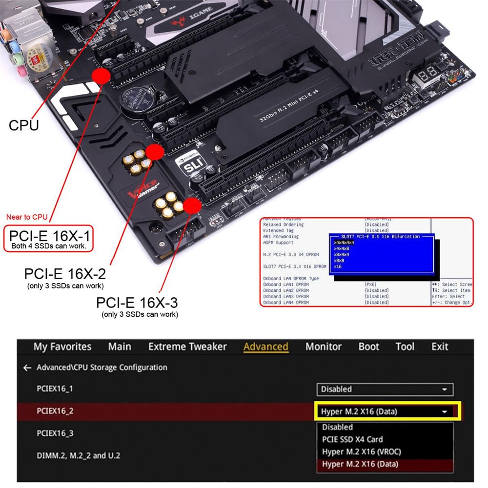 Xiwai 16x PCIE Detachable to 4 Oculink VROC Raid0 External Adapter for SSD eGPU External Graphics Card Dock PCI-Express 4.0 SFF-8612 SFF-8611 U.2
