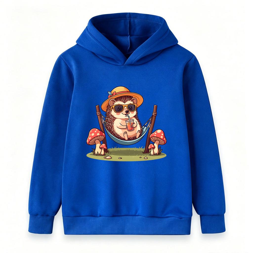 Kids Boys Girls Pullover Hoodie, Cute Hedgehog Chill on Hammock With Summer Drink Mushroom Printed Casual Soft Hooded Sweatshirt For Children Daily Ou