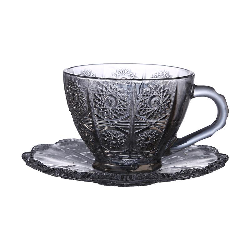 200ml Coffee Cup Set Luxury Retro Embossed Coffee Glasses Plate and Mug Household Latte Cup Glass Tea Cup Sets