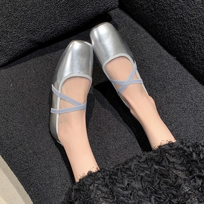 Glitter Silver Bowtie Flats Shoes Women Round Toe Patchwork Plaid Leather Loafers   Flat Shoes Women