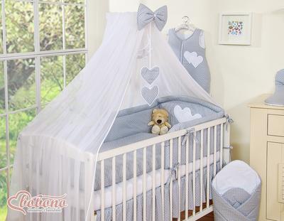 Large Mosquito Net for a Baby Cot Made of White Chiffon with Hearts and a Bow - Dots On Gray