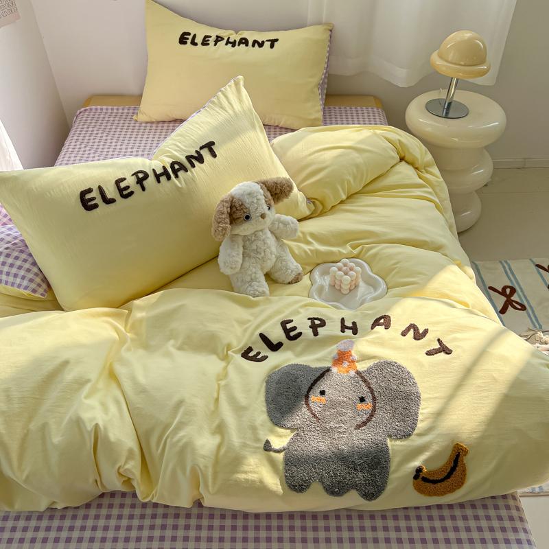 

Yellow Elephant Bedding Set Thickened Washed Cotton Embroidery Four Piece Set For Girls Bed Sheet Set Duvet Cover Flat Bed Sheet&150 x 200cm 3pcs