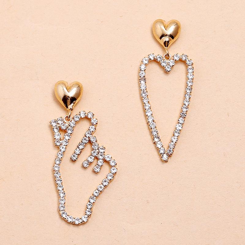 Heart-Shaped Asymmetrical Rhinestone Earrings - Elegant, Colorfast Design with Quality Guarantee