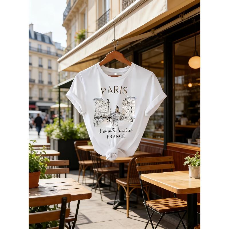 Europäische Größen Elegantes Damenhemd, Weihnachts-Paris-Print-T-Shirt, Lässiges Kurzarm-Top für Frühling und Sommer, Damenmode Rundhals-T-Shirt