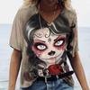 Summer V-neck 3D Flower Skeleton Printed Top Fashionable Casual Short Sleeved Women's T-shirts