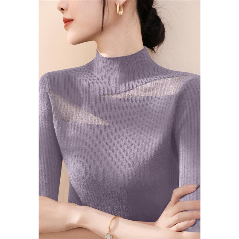 Women Half‑High Neck Lace Knit Top Summer Tencel Mesh Hollow 5/4 Sleeve Slim Ice Silk Blouse S‑3XL