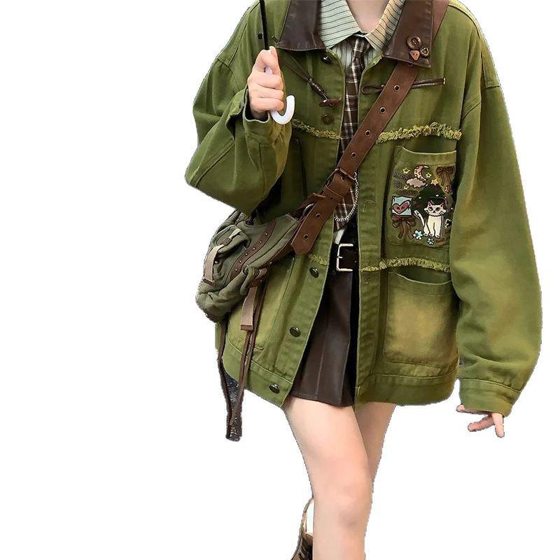 2025 Playful Green Embroidered Denim Jacket - Spring/Autumn Retro Style | Free Shipping