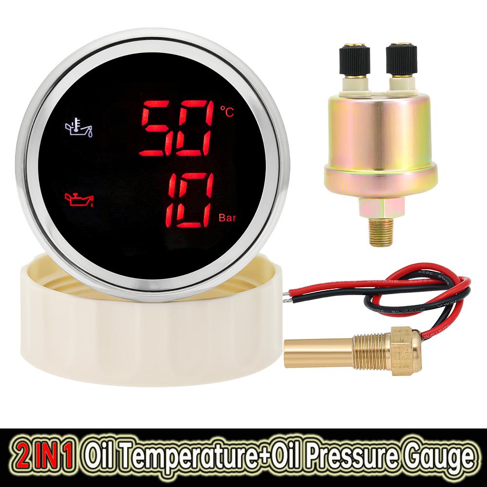 2 IN 1 Oil Temperature+Oil Pressure Gauge with Sensor Digital Display Red/Green Car Gauge Backlight for Marine Boat Car 9-32V